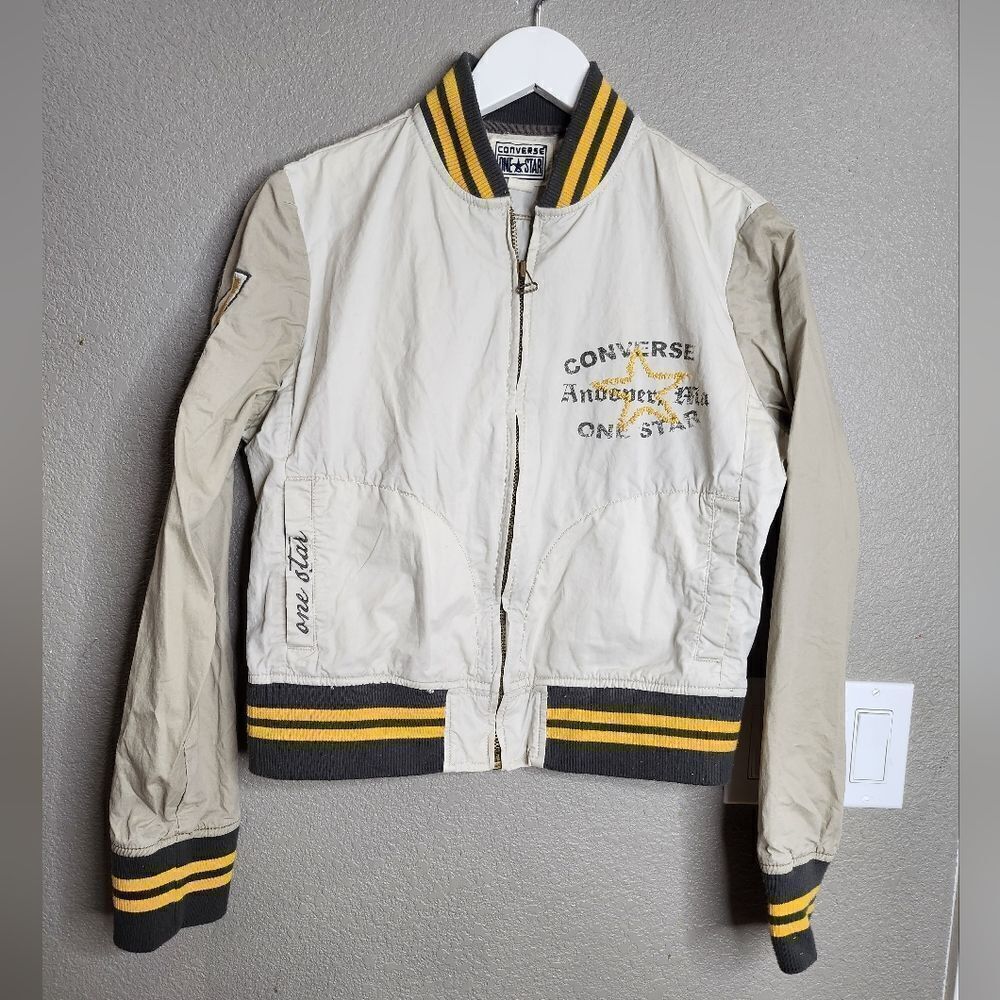 Converse Beige and Black Varsity Jacket with Yellow Stripes